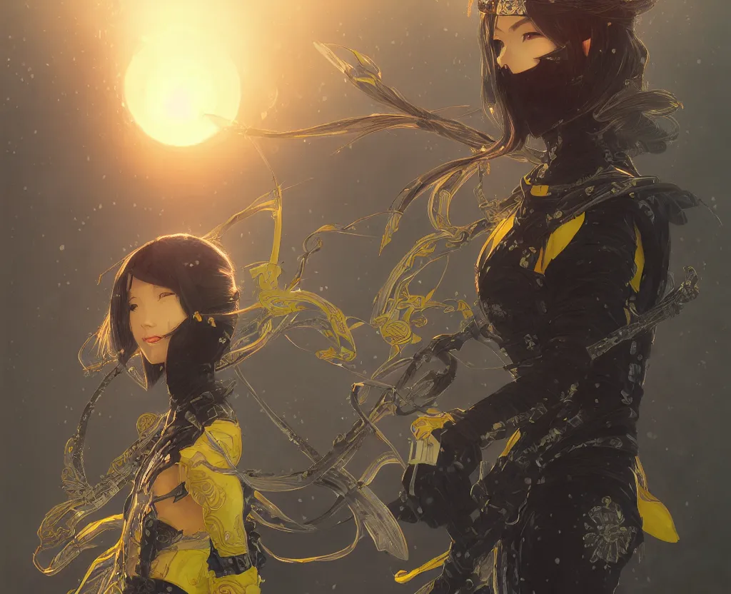 Image similar to portrait ninja gaiden girl, black plus little yellow ninja wardrobe, at snowy fuji mountain sunrise, ssci - fi and fantasy, intricate and very very beautiful, detailed, digital painting, artstation, concept art, smooth and sharp focus, illustration, art by tian zi and wlop and alphonse mucha