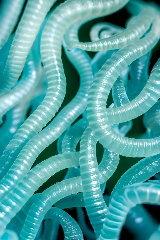 Image similar to high quality macro photo translucent gelatinous worms! gorgeous highly detailed hannah yata elson peter cinematic turquoise lighting high quality low angle hd 8k sharp shallow depth of field