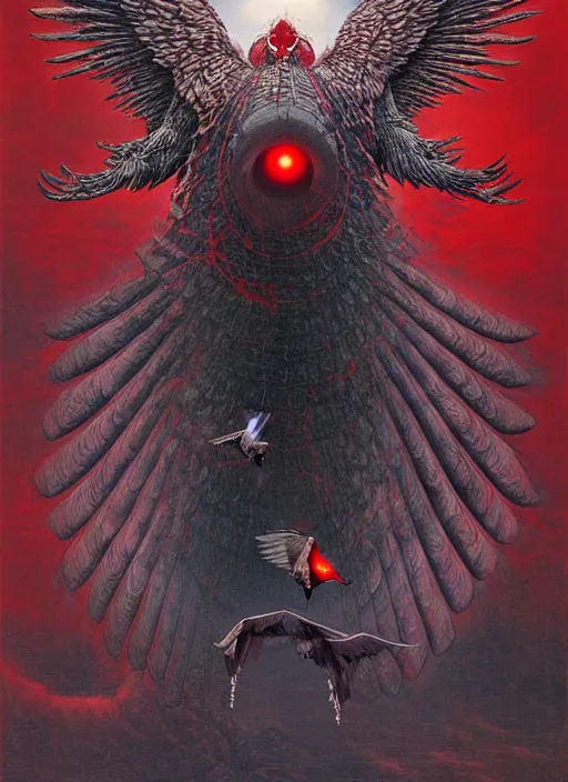 Image similar to front view of spirit of chthonic demonic pigeon with red eyes and dark grey wings, on background red like hell, highly detailed, art by Ayami Kojima, Beksinski, Giger, Beeple
