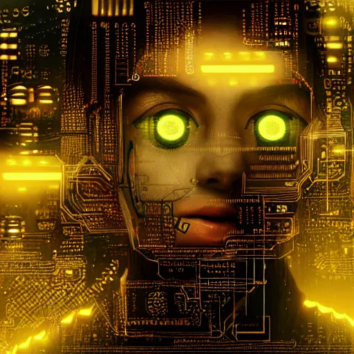 Image similar to a face covered in computer circuits, scifi, bladerunner, cyberpunk, heavy ink, yellow, very detailed eyes, 8 k resolution, by wlop, greg rutkowski