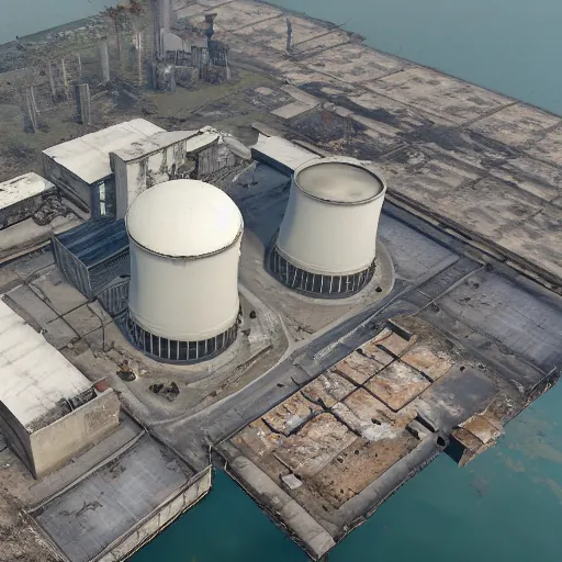 Image similar to top down aerial view of dilapidated nuclear plant with cooling tower in real life, desolate with zombies, dilapidated, zombies in the streets, nightmarish, some rusted style pipes, sunny weather, few clouds, volumetric lighting, photorealistic, daytime, autumn, sharp focus, ultra detailed, cgsociety