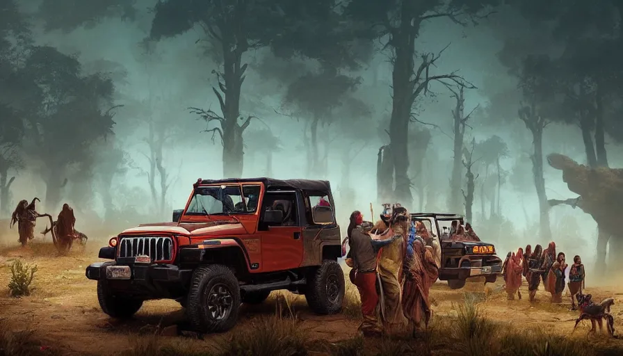 Image similar to Mahindra Thar with tribe members nearby, an epic fantasy, dramatic lighting, cinematic, establishing shot, extremely high detail, photorealistic, cinematic lighting, artstation, by simon stalenhag, horizon forbidden west