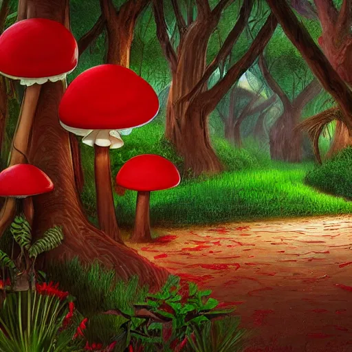 Image similar to a forest of giant red and white spotted mushroom, exotic foliage, Mario walking along path, piranha plants hanging from vines, artstation, matte painting, colorful, beautiful, cinematic lighting