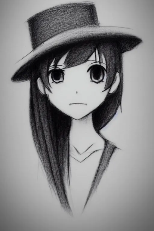 Prompt: cute loli in a tall grey top hat, face profile, pencil sketch, gray scale, anime style