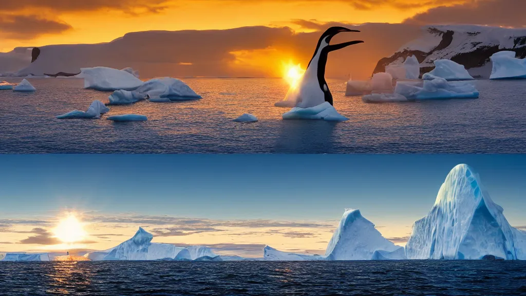 Prompt: photo of the most beautiful panoramic landscape, where a giant iceberg is lost in middle of the artic ocean, a giant penguin is exhaling steam while walking over the iceberg, there is nothing else, the artic ocean is reflecting the giant penguin over the iceberg and the ray lights of the sunset are brightening him, award winning photo, minimal style, by frans lanting