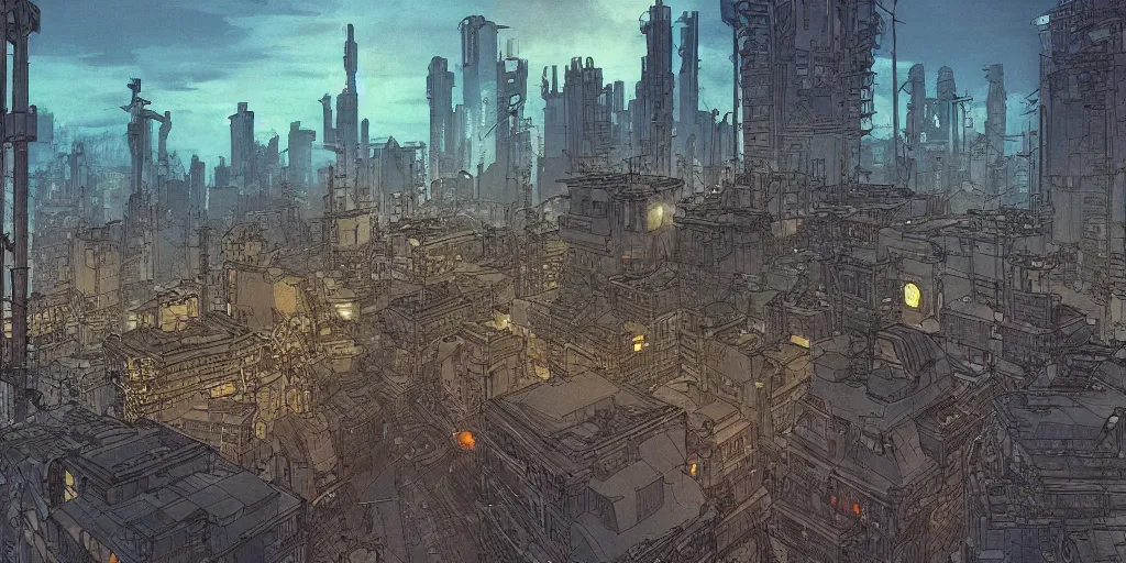 Image similar to ”a diesel punk city vista, Twilight, city lights, reflections, glares, perspective sky, HD, 8k, in the style of Katsuhiro Otomo, Ian mcque”