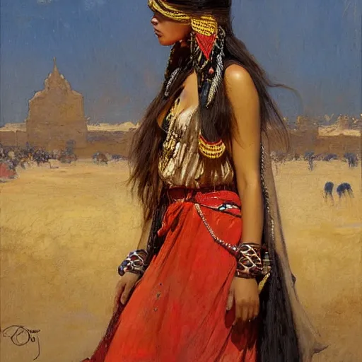Image similar to tuareg girl in traditional dress, gaston bussiere, tom bagshaw