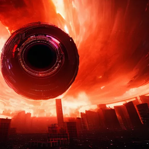 Image similar to a black hole is destroying a gothic cyberpunk City, catastrophic, fire and explosions, the feeling of dread, photorealistic, octane render, unreal engine