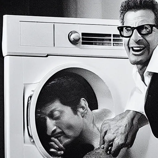 Prompt: Jeff Goldblum climbing out of a washing machine, realistic