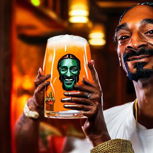 Prompt: a closeup photorealistic photograph of happy snoop dogg at trader vic's bar holding a trader vic's tiki mug that features the face of snoop dogg. brightly lit scene. this 4 k hd image is trending on artstation, featured on behance, well - rendered, extra crisp, features intricate detail, epic composition and the style of unreal engine.