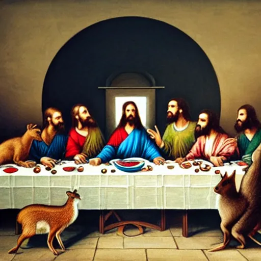 Image similar to A beautiful painting of the Last Supper, with Jesus and his disciples replaced by various animals. The painting is set in a forest, with a deer at the head of the table and a squirrel and rabbit to either side. clockpunk, crayon art by Hiroshi Yoshida, by Iryna Yermolova, by Catherine Hyde 3d render