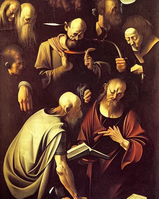 Image similar to The Calling of St. Matthew by Caravaggio painting by Hieronymus Bosch