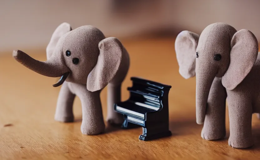 Prompt: cute elephant toy sitting on top of a piano, 33mm, 4k