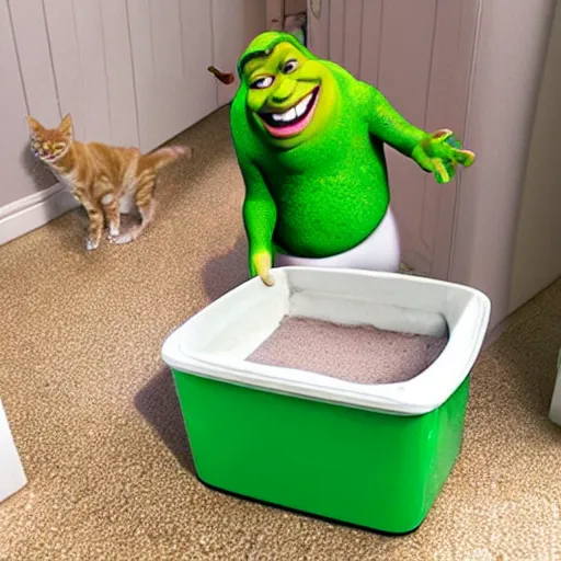 Image similar to shrek poops in a cat litter box