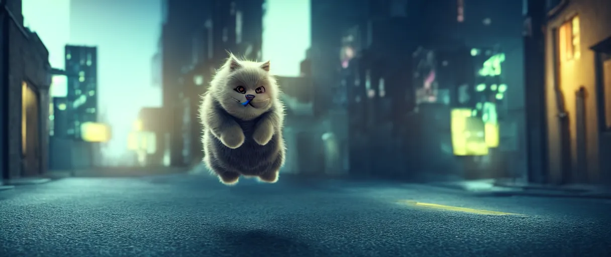 Image similar to 3d render of a cute flooffy fat catman jumping on a dark city alley sharp cinematic lighting octane 8k low angle shallow depth of field