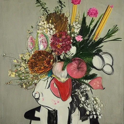 Image similar to “a portrait in an art student’s apartment, feminine pigs as flowers in an elaborate dramatic flower arrangement, pork, ikebana white flowers, white wax, squashed berries, acrylic and spray paint and oilstick on canvas, by munch and Dali”