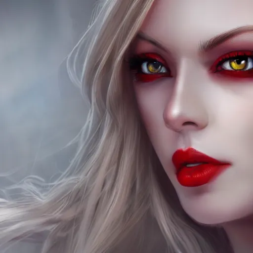 Prompt: Woman Vampire, goddess, detailed, high quality, 4k UHD, slim, curvy, blonde hair, realism, very coherent, high detail, hyper realism, red hypnotic eyes, 8K high definition, full body, wide photo, eerie looking, creative,