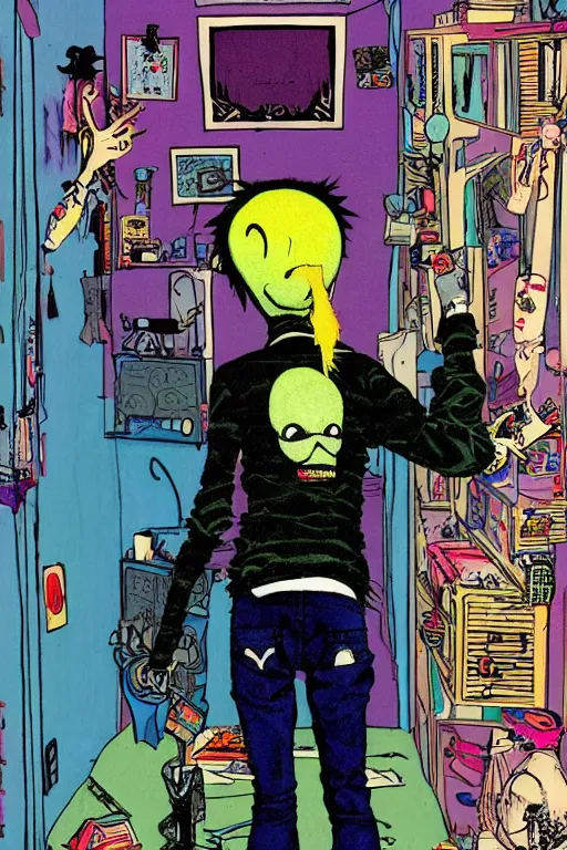 Image similar to a skinny goth guy standing in a cluttered 9 0 s bedroom by jamie hewlett, back view, jamie hewlett art, full body character concept art, vaporwave colors,