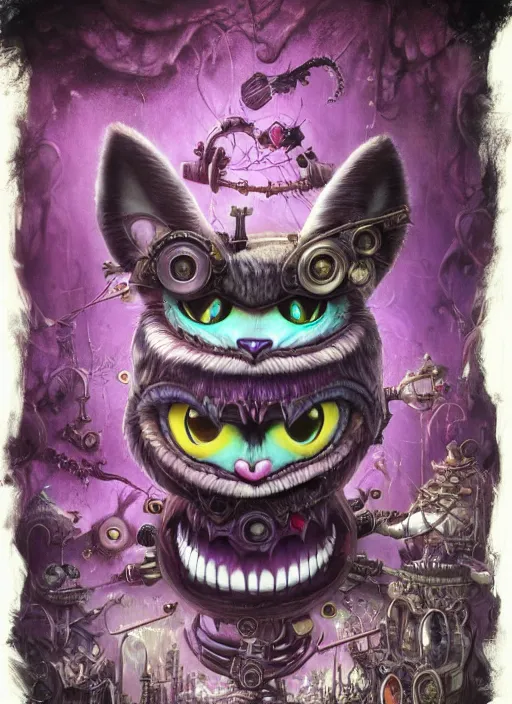 Prompt: cheshire cat, angry, scary, cheeky, steampunk googles, highly detailed, cinematic, 8 k, by megan duncanson, benjamin lacombe, stanley artgermm, tom bagshaw, craig mullins, carne griffiths, ayami kojima, beksinski, giger, trending on deviantart, hyper detailed, horror, full of colour