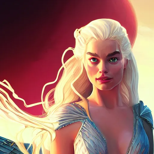 Prompt: Portrait of Margot Robbie as Queen Daenerys Targaryen, mattepainting concept Blizzard pixar maya engine on stylized background splash comics global illumination lighting artstation lois van baarle, ilya kuvshinov, rossdraws