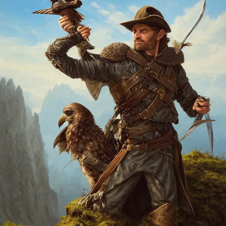 Image similar to middle age ranger with rugged expresions falcon pet on his sholder holding a long sword, top a cliff observing old ruins of a castle, elegant clothing, photorealistic render, matte patining, highly detailed, artstation, smooth, sharp focus, art by michael whelan, artgerm, greg rutkowski