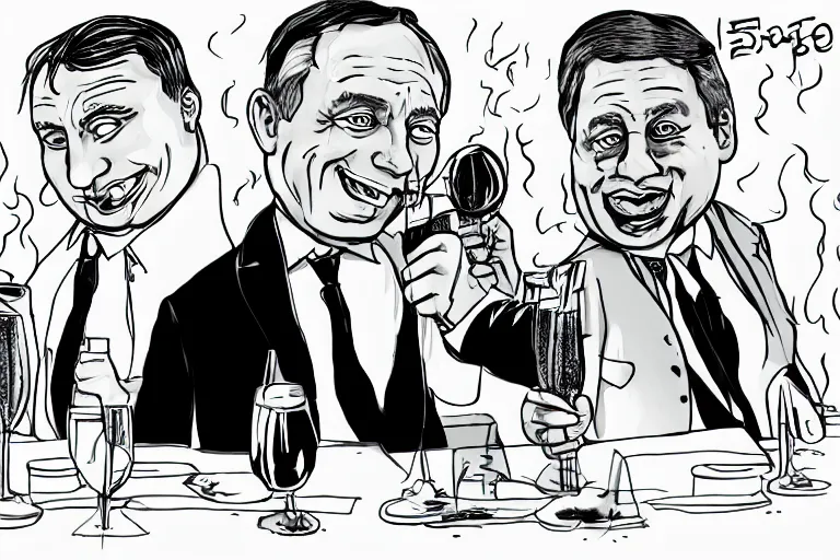 Prompt: viktor orban winking and drinking champagne with putin in front a burning city, line art