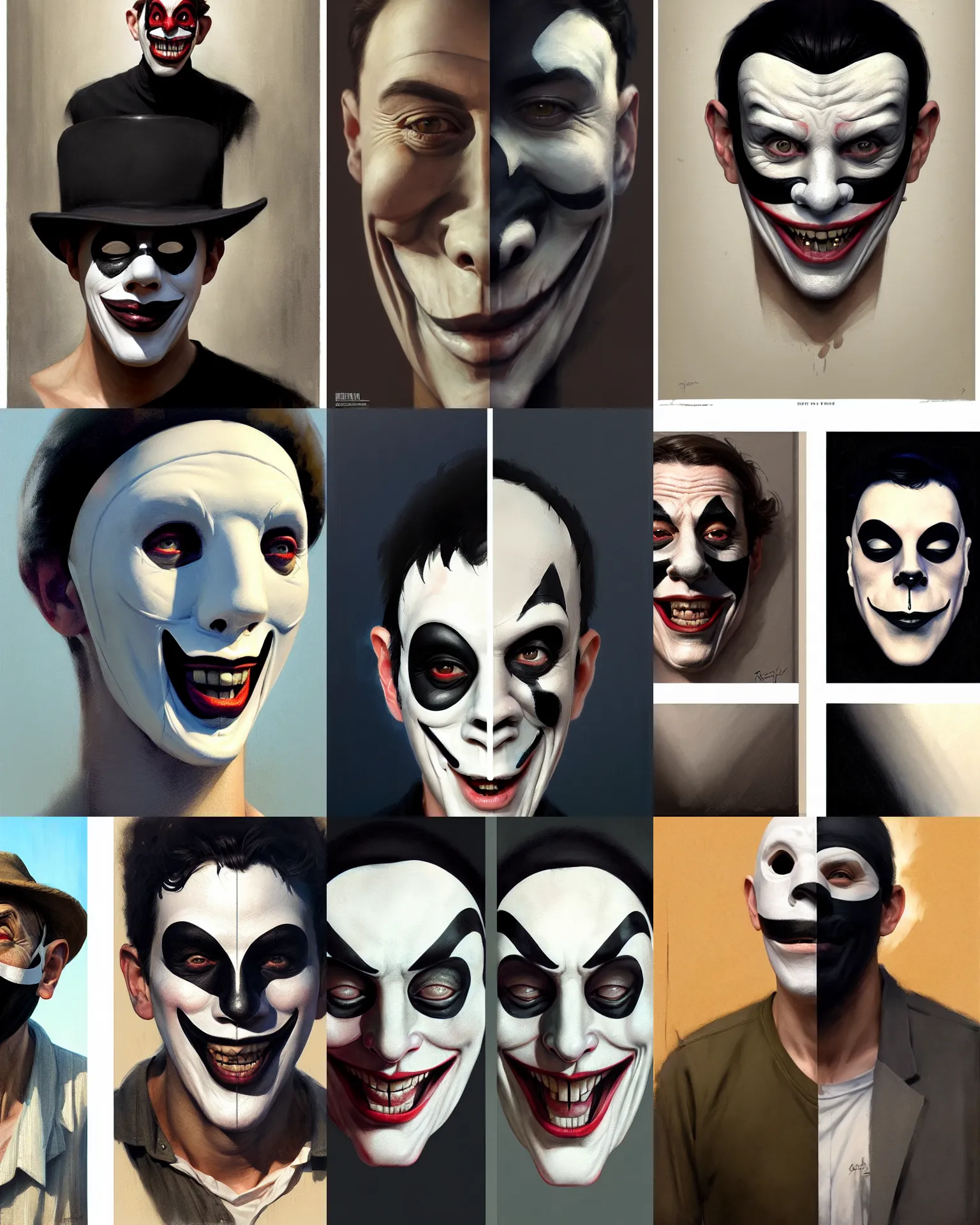 Prompt: a man in a mime mask : left - half sad, right - half laugh, fine details, realistic shaded lighting poster by greg rutkowski, magali villeneuve, artgerm, jeremy lipkin and michael garmash and rob rey