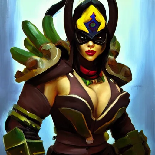 Image similar to greg manchess portrait painting of jade from mortal kombat wearing an oni halfmask as overwatch character, medium shot, asymmetrical, profile picture, organic painting, sunny day, matte painting, bold shapes, hard edges, street art, trending on artstation, by huang guangjian and gil elvgren and sachin teng