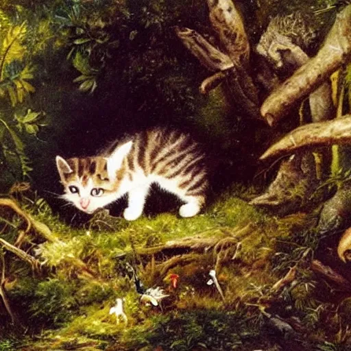 Image similar to kitten exploring wild forest, German Romanticism detailed oil painting