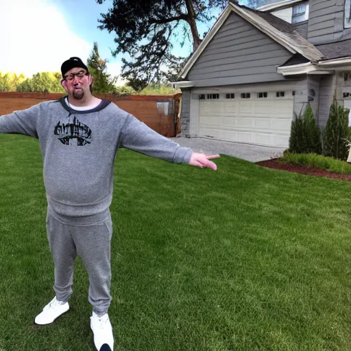 Prompt: Rocco Botte wearing gray sweatshirt and gray sweatpants and gray 👟 standing in a T-pose on a suburban residential street