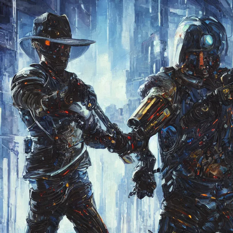 Prompt: a glitched oil painting of a cybernetic cowboy/knight duelwielding a revolver and longsword in the style of cyberpunk in the style of high fantasy art detailed realistic High Resolution HD 8k