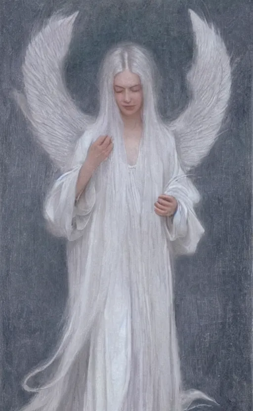 Image similar to say who is this with silver hair so pale and wan! and thin!? female angel in white robes flowing hair fair body, white dress!! of silver hair, covered!!, clothed!! lucien levy - dhurmer, fernand keller, oil on canvas, 1 8 9 6, 4 k resolution, aesthetic, mystery