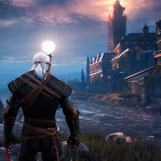 Prompt: cut-scene footage of the witcher 3 geralt fighting a monster in the moonlight on a rooftop, cityscape, highly textured, wide angle, action shot, cinematic