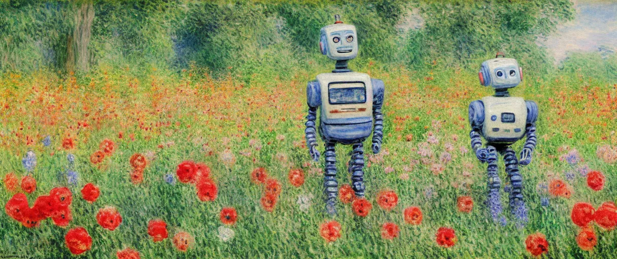 Image similar to a robot standing on flower garden looking small with many kinds flower arround him, watercolor art, 1 8 8 0 s, calude monet style, colorfule, hd, uhd