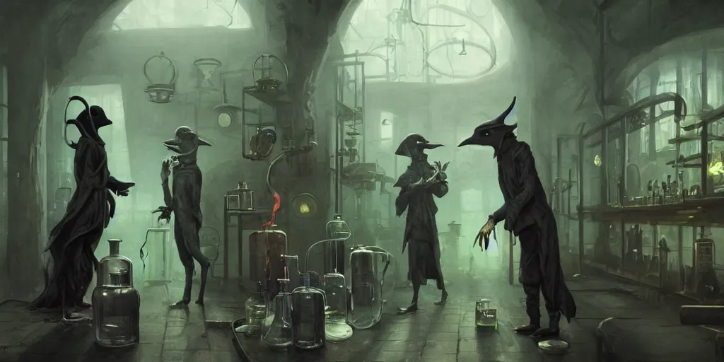 Image similar to a plague doctor and a humanoid rat in a laboratory with lots of flasks filled with magic liquids and green fog, stephen bliss, unreal engine, fantasy art by greg rutkowski, loish, rhads, ferdinand knab, ilya kuvshinov, rossdraws, tom bagshaw, global illumination, radiant soft light, detailed and intricate environment