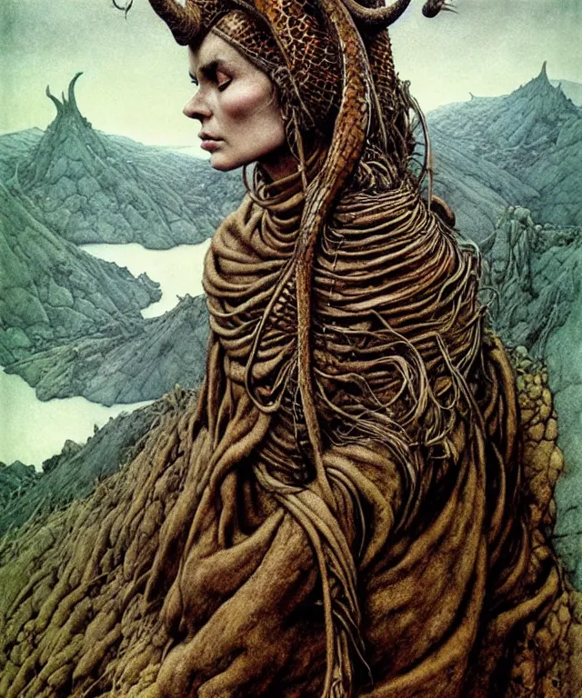 Image similar to A detailed horned snakewoman stands among the hills. Wearing a ripped mantle, robe. Perfect faces, extremely high details, realistic, fantasy art, solo, masterpiece, art by Zdzisław Beksiński, Arthur Rackham, Dariusz Zawadzki