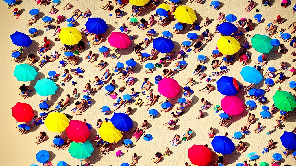 Image similar to photograph beachscapes from an almost perpendicular angle, Aerial view of sandy beach with umbrellas and sea, Aerial of a crowded sandy beach with colourful umbrellas, sun bathers and swimmers during summer, by Tommy Clarke