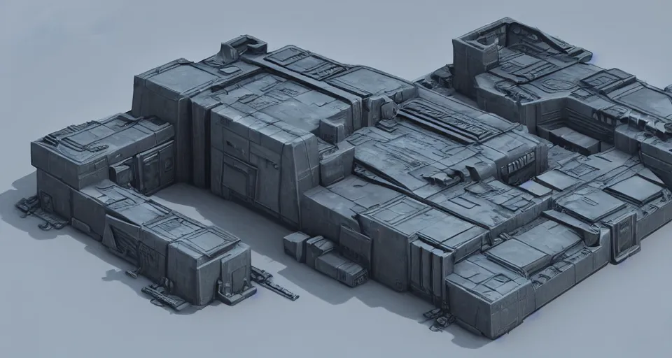 Prompt: 3d sculpt of a thick square industrial military scifi factory facade gun metal factory inspired by the matrix, star wars, ilm, beeple, star citizen halo, mass effect, starship troopers, elysium, the expanse, high tech industrial, Artstation Unreal