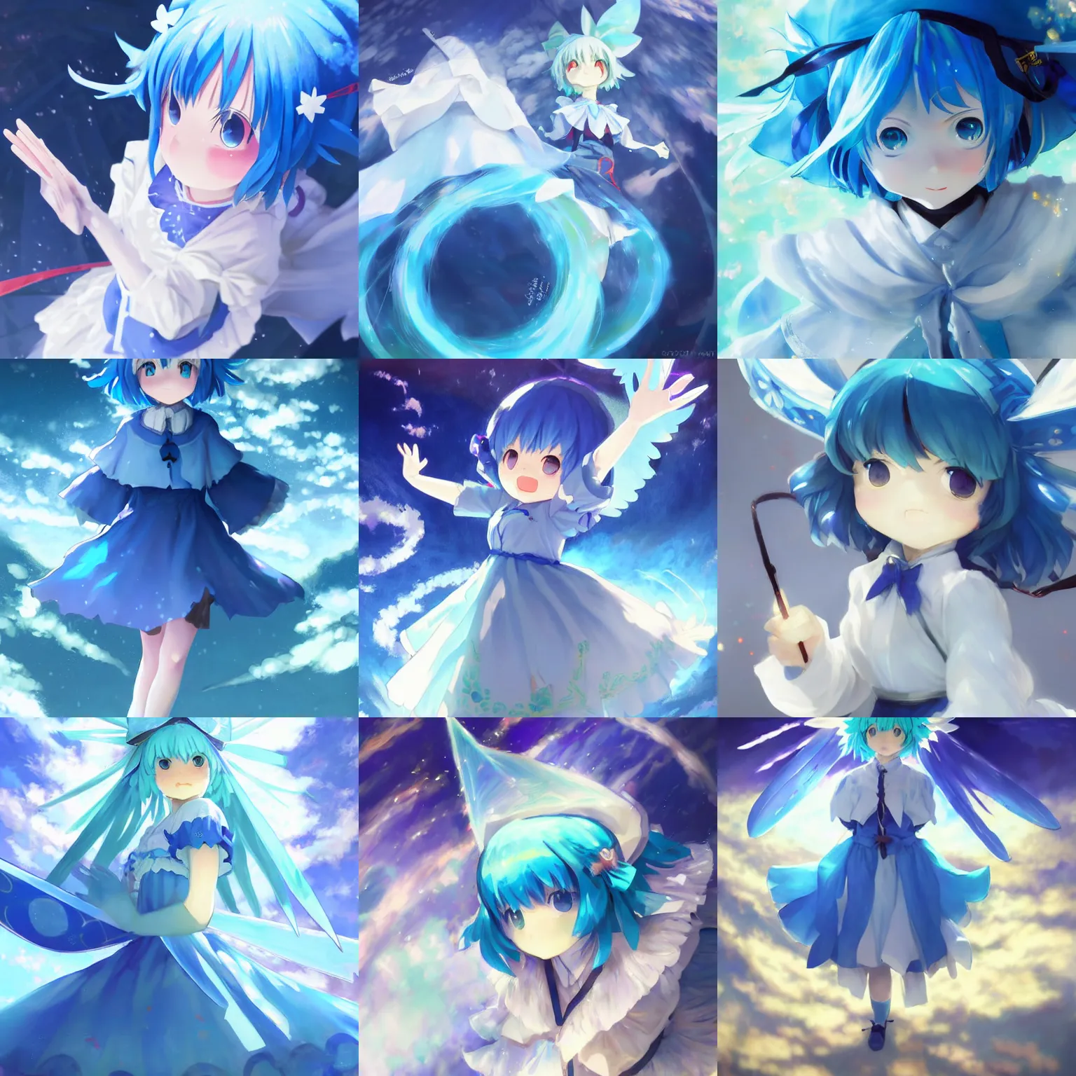 Image similar to pixiv artwork of cirno from touhou project, cirno touhou artwork by greg rutkowski makoto shinkai key art kyoto animation 4 k 8 k ultrahd trending finely detailed sparkling eyes