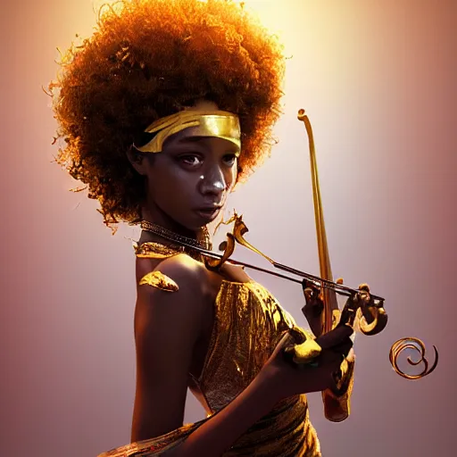 Image similar to the portrait, masked beautiful swahili female violinist, exotic costumes, gold jewelry, black curly afro hair, ultra realistic, illustration by wenjun lin, irakli nadar, bright colors, octopath traveler, wenjun lin, unreal engine 5 highly rendered, global illumination, radiant light, detailed and intricate environment
