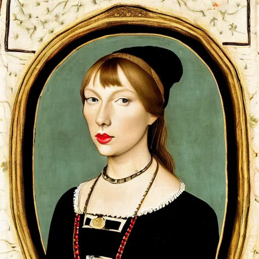 Image similar to a highly detailed portrait of taylor swift, wearing elegant tudor clothes, inside a room with thick red tapestries, oil painting by hans holbein and alessandro allori and richard burbage