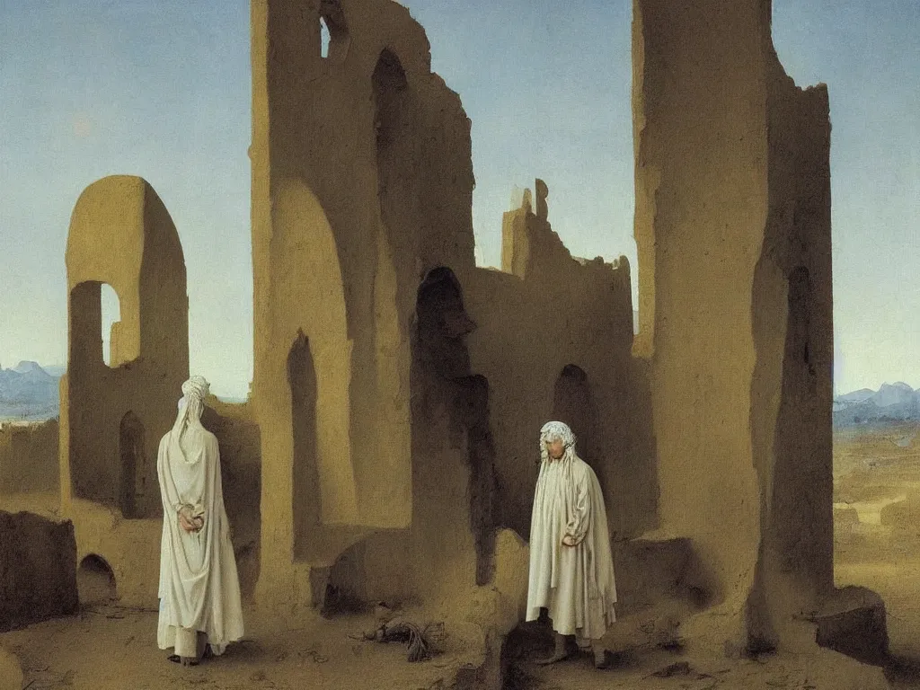 Image similar to albino mystic, with his back turned, looking in the distance at a ruins of a mosque in the sand desert. Painting by Jan van Eyck, Caspar David Friedrich, Rene Magritte, Agnes Pelton, Max Ernst, Walton Ford