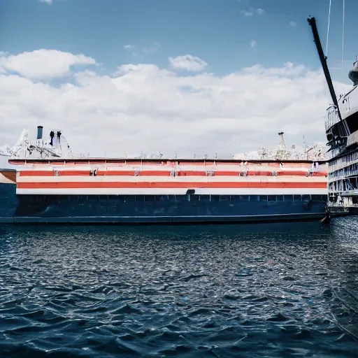 Prompt: photograph of a ship full of graduates, wide shot, sunny day, soft focus