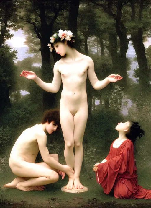 Image similar to boy and girl in pagan clothes performing an occult ritual on a goat in a vaporwave forest, by william-adolphe bouguereau and Takato Yamamoto, high resolution