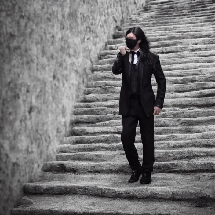 Prompt: cinematic movie, background is castle and steps, with a man wearing a silver melt mask, silver wavy long hair, black suit, 4 k