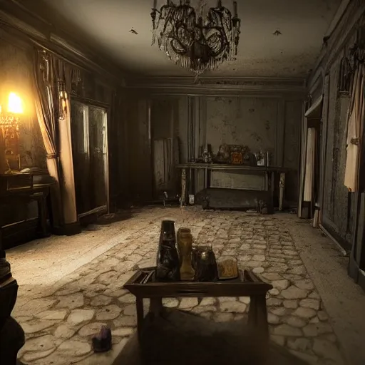 Image similar to room of a dark mansion, objects from ritual in the ground, realistic, highly detailed, hd, unreal engine, background of resident evil game