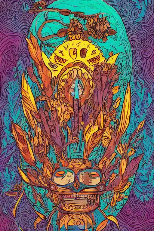 Image similar to animal mask totem roots flower tribal feather gemstone plant wood rock shaman vodoo video game vector cutout illustration vivid multicolor borderlands comics by josan gonzales and dan mumford radiating a glowing aura