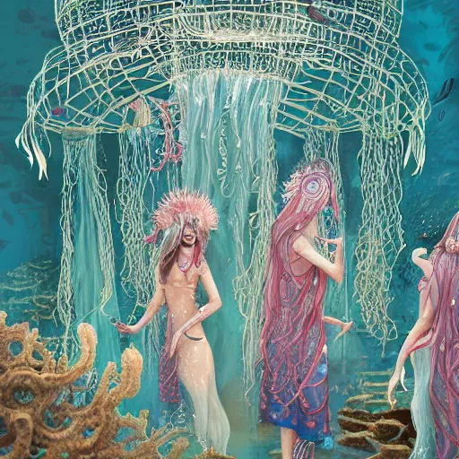 Image similar to A painting of priestesses worshipping at the jellyfish temple, shrouded in mist, jellyfish god, jellyfish priestess, jellyfish shrine maiden, 8K, illustration, art by BambooWu, smoke, undersea temple with fish, cinematic, insanely detailed and intricate, hypermaximalist, elegant, super detailed, award-winning, magenta and crimson and cyan, rainbow accents, iridescence, bioluminescence, mysterious, ancient, ritual, trending in cgsociety, artstation HQ, ornate, elite, haunting, matte painting, beautiful detailed, insanely intricate details, dreamy and ethereal, otherworldly