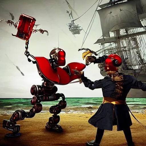 Prompt: A robot fighting a pirate, hyper realistic, HD, HQ, photo realistic