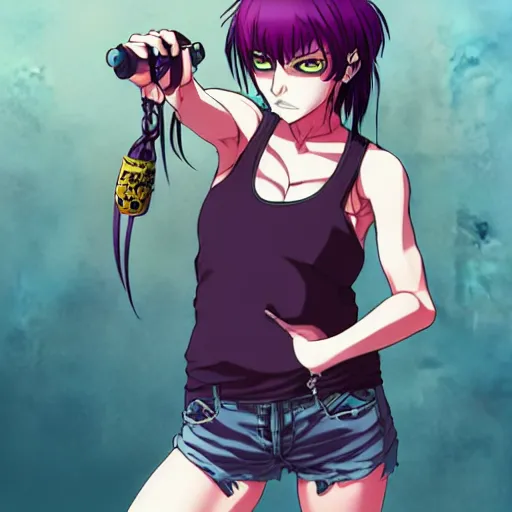 Image similar to style of madhouse studio anime, black lagoon manga, loish, artgerm, comic art, portrait of revy from black lagoon, symmetrical eyes and symmetrical face, jean shorts, white tank top, purple hair, sarcastic evil smirk on face, sky and ocean background